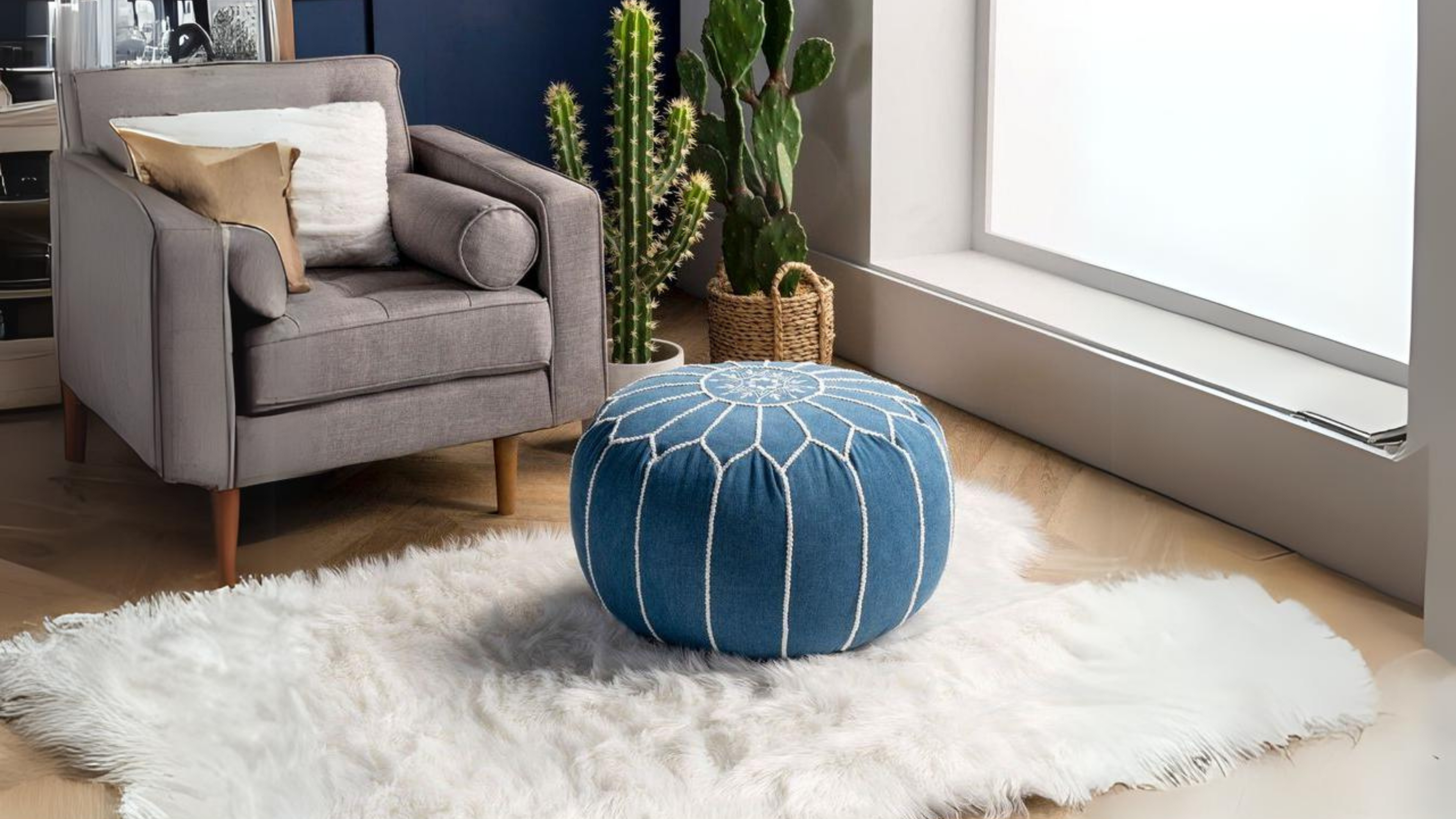 image of blue moroccan leather pouf in moroccan setting