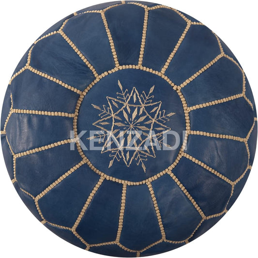 Genuine Leather Pouf Stuffed Handmade Stitched in Marrakech by Moroccan Artisans (Blue by Beige) - Handmade by My Poufs