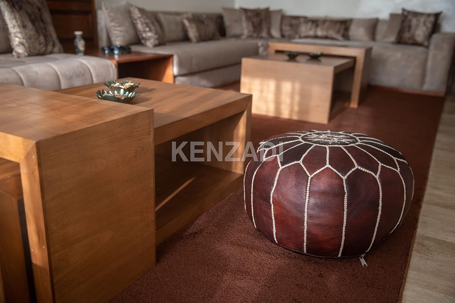 Stuffed Genuine Leather Pouf Handmade Stitched in Marrakech by Moroccan Artisans (Dark Brown) - Handmade by My Poufs