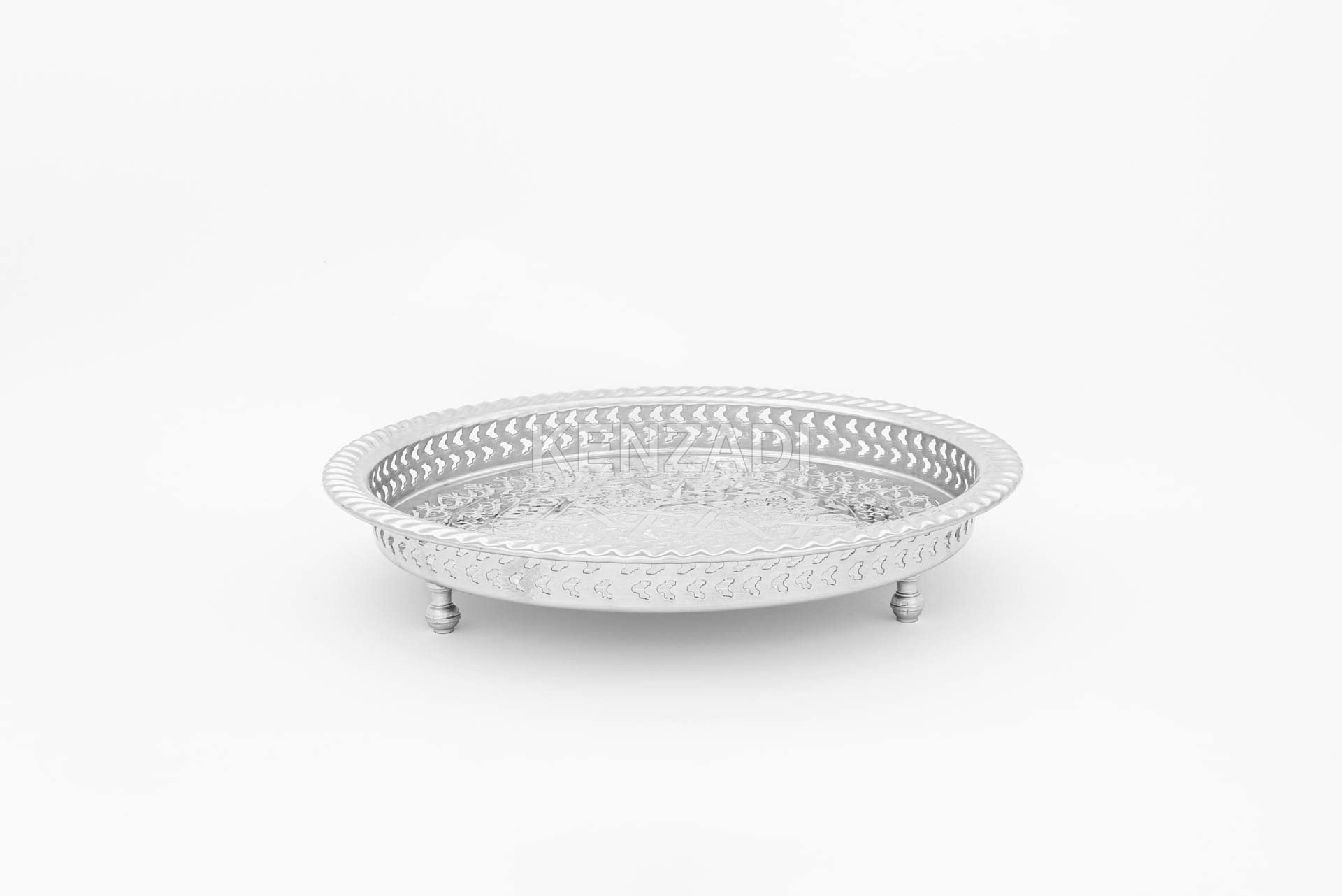 12.2 Inch Moroccan Handmade Serving Tea Tray Silver Plated Brass Handcrafted Plate in Fez Morocco - Handmade by My Poufs