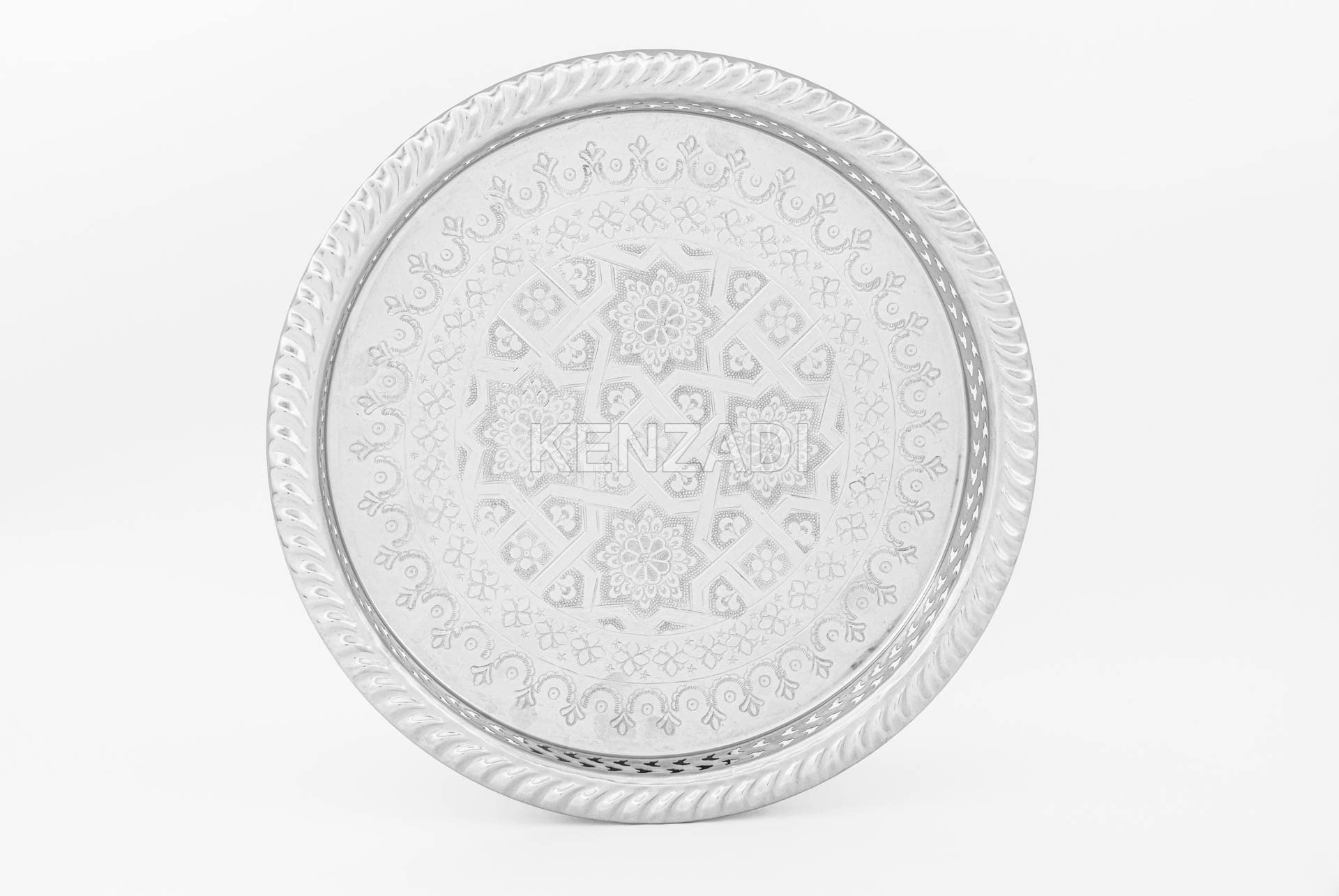 12.2 Inch Moroccan Handmade Serving Tea Tray Silver Plated Brass Handcrafted Plate in Fez Morocco - Handmade by My Poufs
