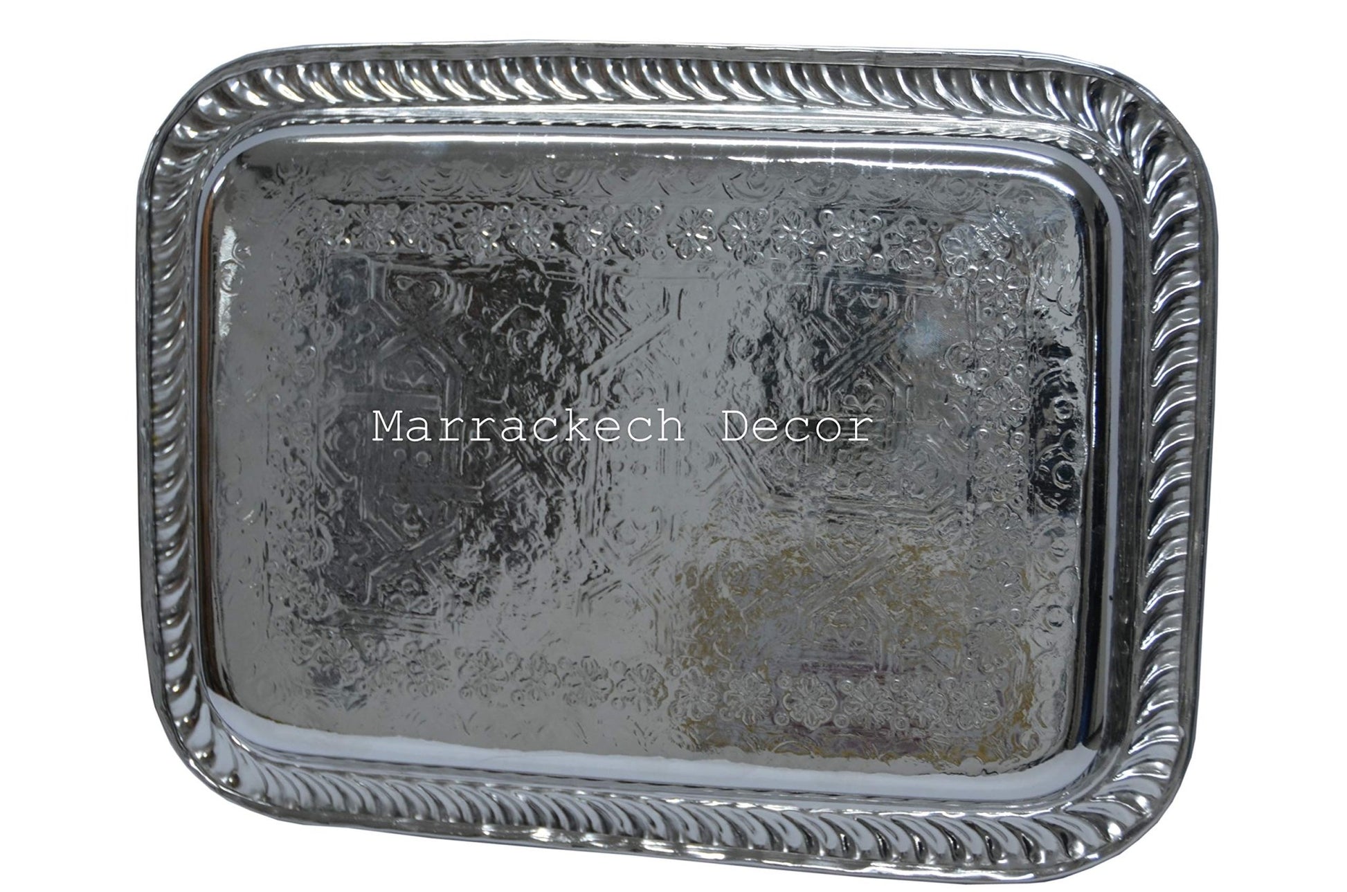 13.3 Inch Rectangular Moroccan Handmade Serving Tea Tray Silver Plated Brass Handcrafted Plate in Fez Morocco - Handmade by My Poufs
