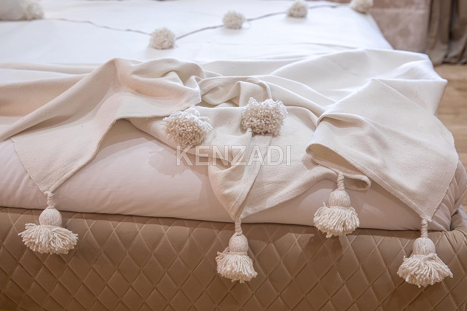 Handmade Pompom Blanket, Throw Blanket, Pom Pom Blanket, Boho Blanket, Bed Cover, Warm Blanket, Cozy Blanket (White with pom White, King (U.S. Standard)) - Handmade by My Poufs