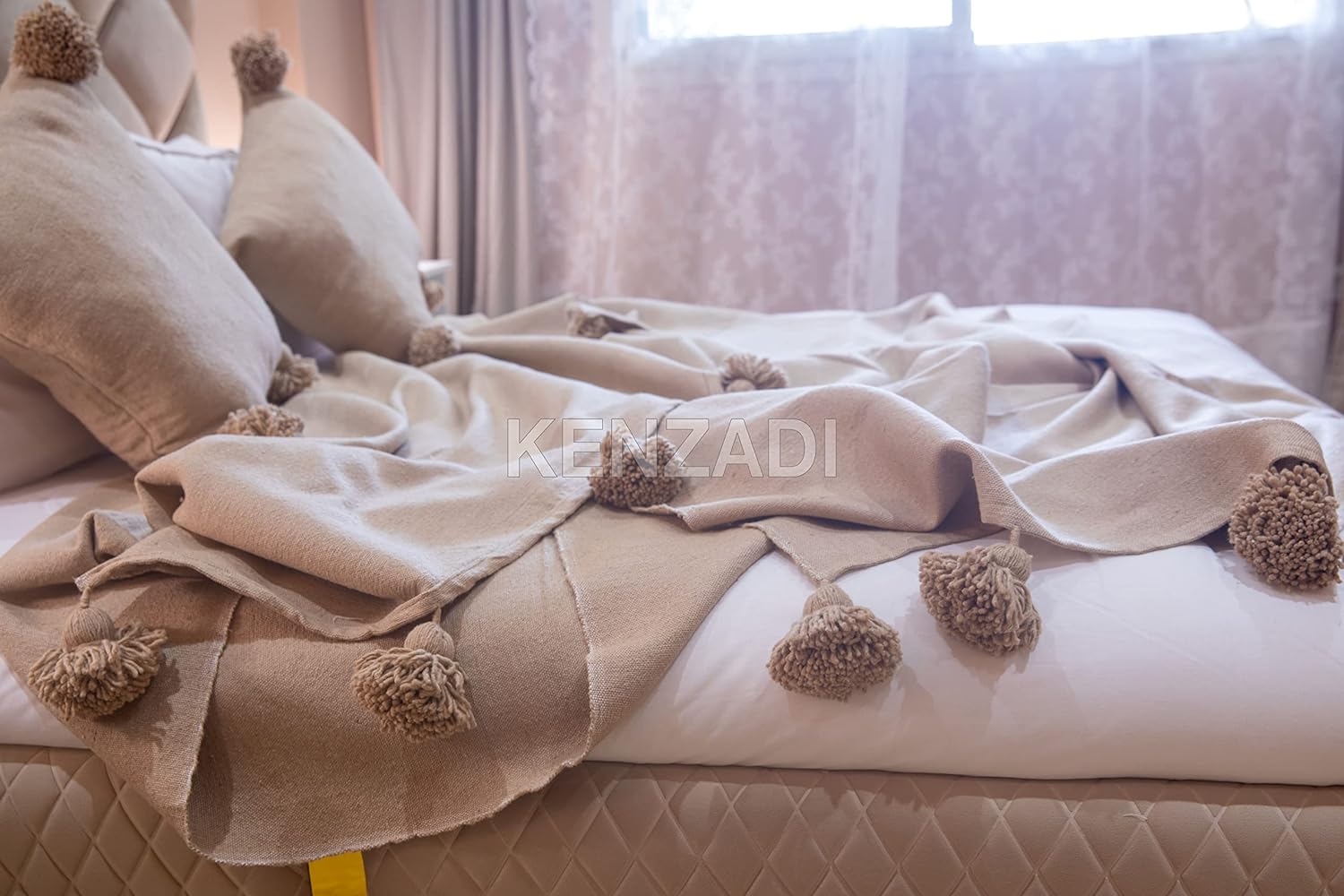 KENZADI Moroccan Handmade Pompom Blanket, Throw Blanket, Pom Pom Blanket, Boho Blanket, Bed Cover, Warm Blanket, Cozy Blanket (Brown with pom Brown, Queen (U.S. Standard)) - Handmade by My Poufs