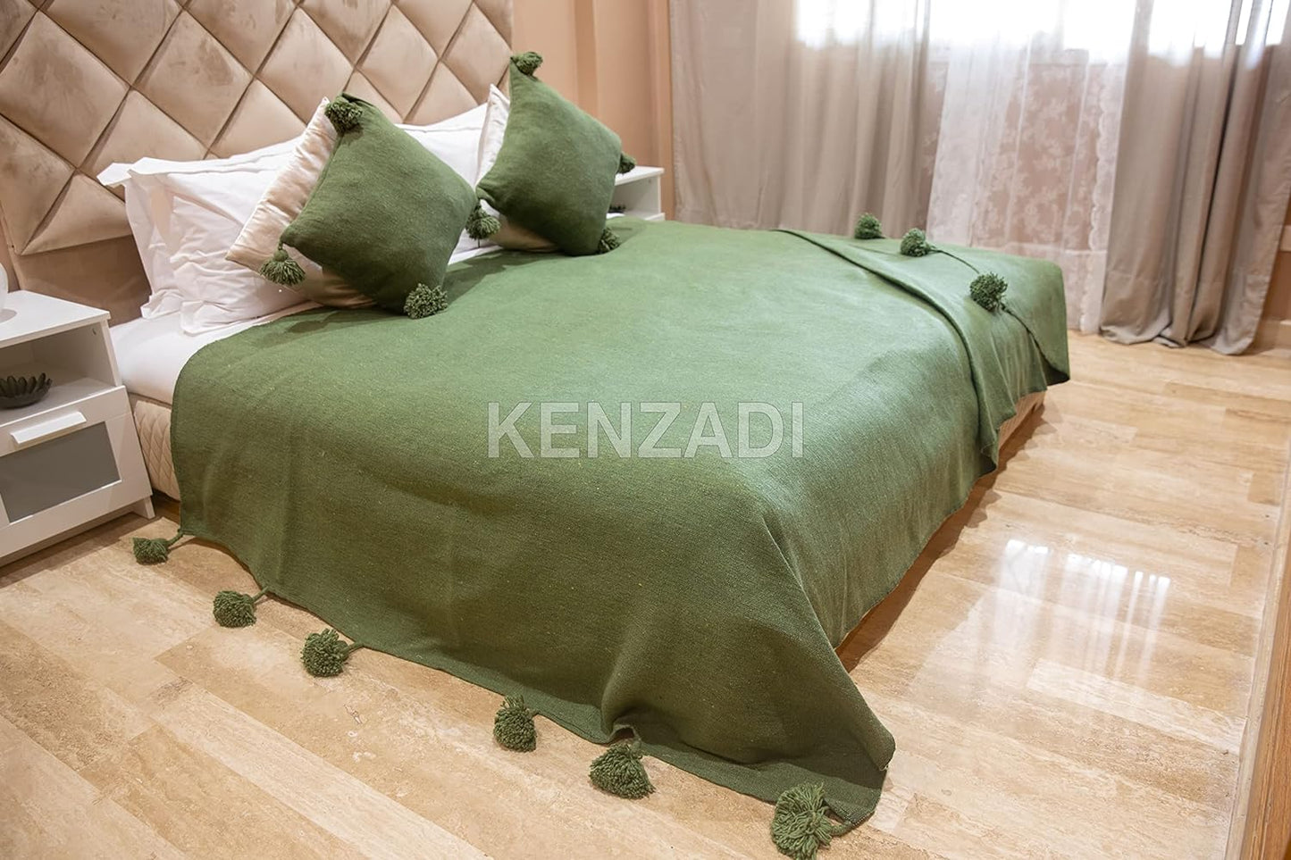 KENZADI Moroccan Handmade Pompom Blanket, Throw Blanket, Pom Pom Blanket, Boho Blanket, Bed Cover, Warm Blanket, Cozy Blanket (Green with pom Green, King (U.S. Standard)) - Handmade by My Poufs