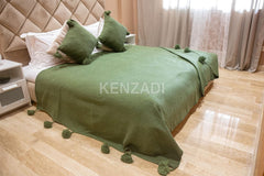 KENZADI Moroccan Handmade Pompom Blanket, Throw Blanket, Pom Pom Blanket, Boho Blanket, Bed Cover, Warm Blanket, Cozy Blanket (Green with pom Green, Queen (U.S. Standard)) - Handmade by My Poufs