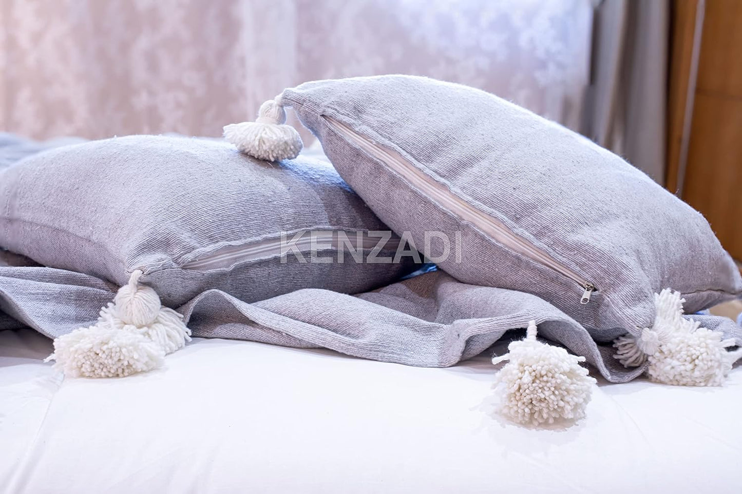 KENZADI Moroccan Handmade Pompom Blanket, Throw Blanket, Pom Pom Blanket, Boho Blanket, Bed Cover, Warm Blanket, Cozy Blanket (Grey with pom White, Queen (U.S. Standard)) - Handmade by My Poufs