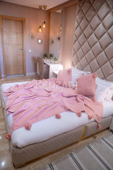 KENZADI Moroccan Handmade Pompom Blanket, Throw Blanket, Pom Pom Blanket, Boho Blanket, Bed Cover, Warm Blanket, Cozy Blanket (Pink with pom Pink, King (U.S. Standard)) - Handmade by My Poufs