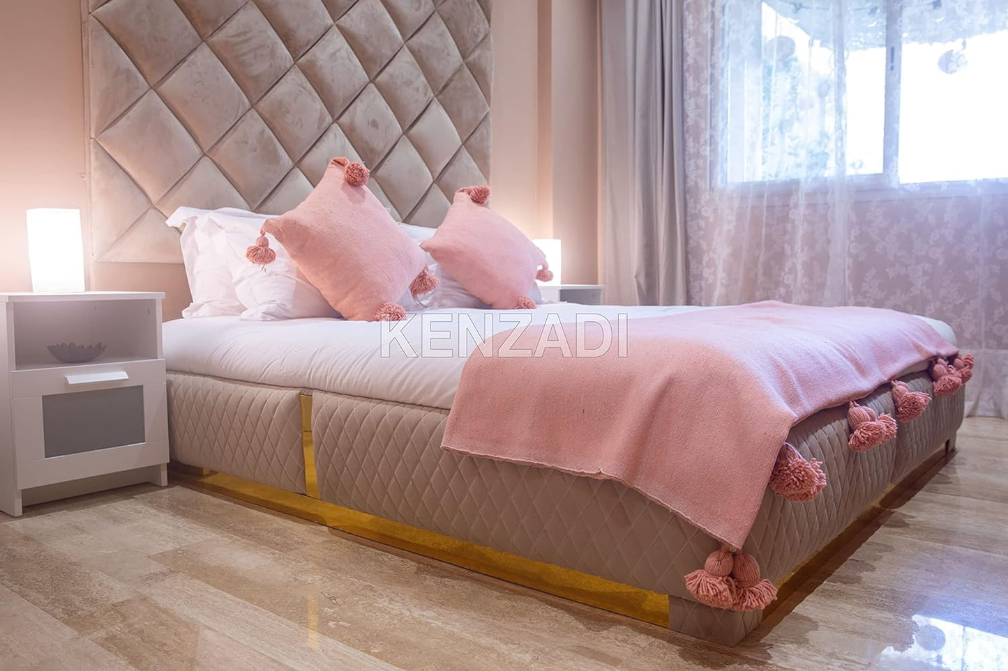 KENZADI Moroccan Handmade Pompom Blanket, Throw Blanket, Pom Pom Blanket, Boho Blanket, Bed Cover, Warm Blanket, Cozy Blanket (Pink with pom Pink, King (U.S. Standard)) - Handmade by My Poufs