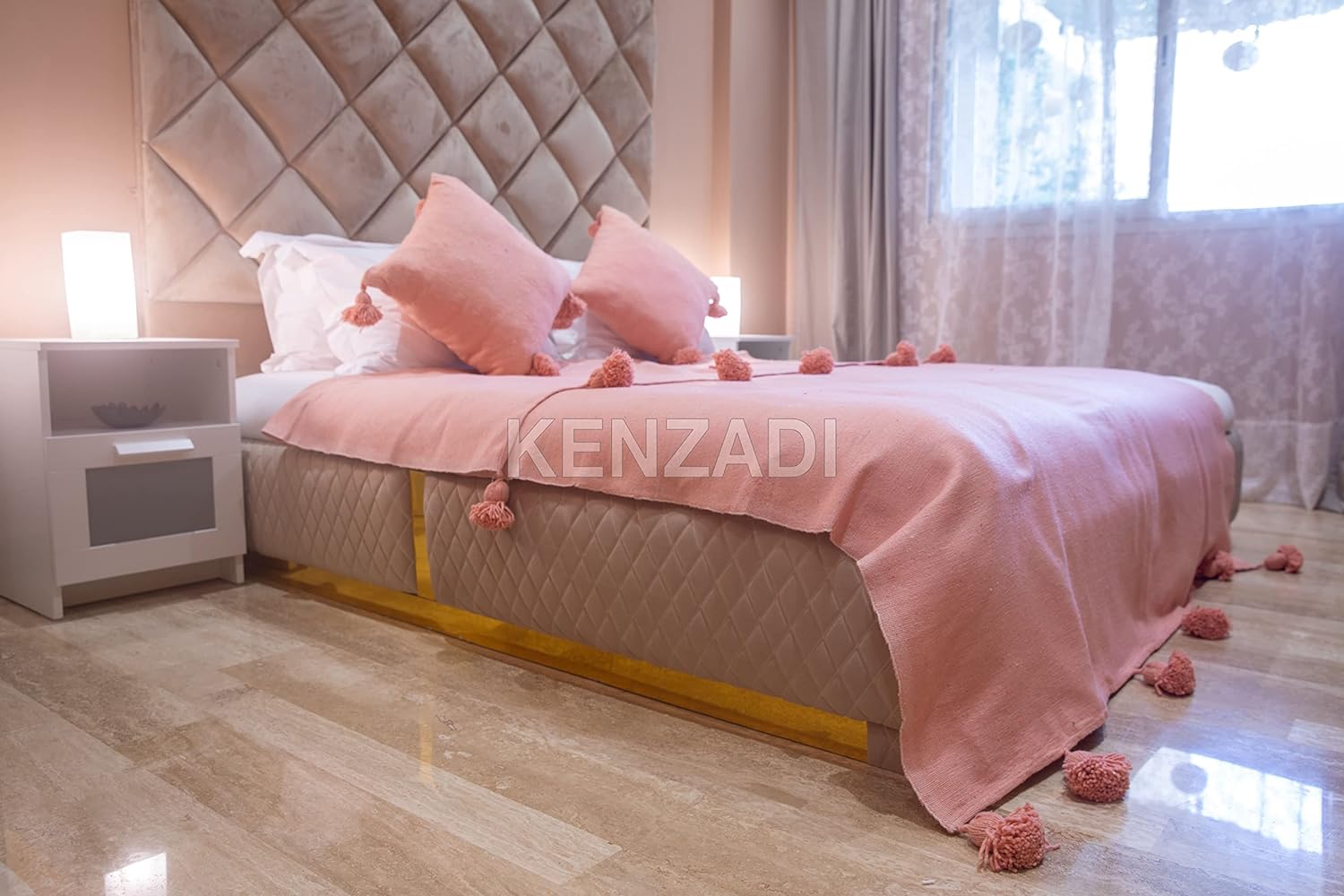 KENZADI Moroccan Handmade Pompom Blanket, Throw Blanket, Pom Pom Blanket, Boho Blanket, Bed Cover, Warm Blanket, Cozy Blanket (Pink with pom Pink, King (U.S. Standard)) - Handmade by My Poufs
