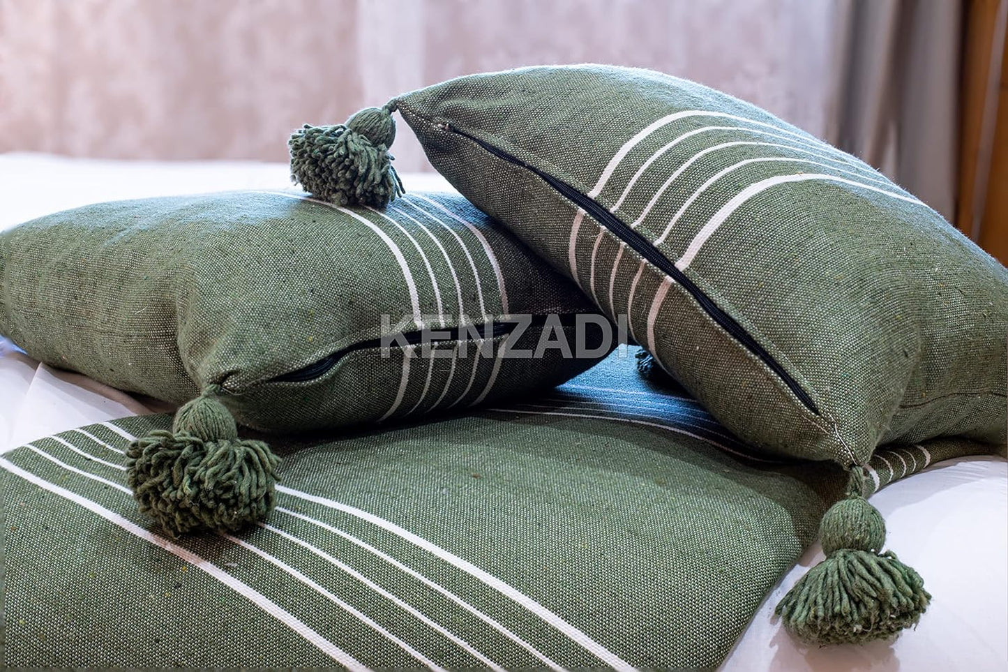KENZADI Moroccan Handmade Pompom Blanket, Throw Blanket, Pom Pom Blanket, Boho Blanket, Bed Cover, Warm Blanket, Cozy Blanket (Striped Green with pom Green, Queen (U.S. Standard)) - Handmade by My Poufs