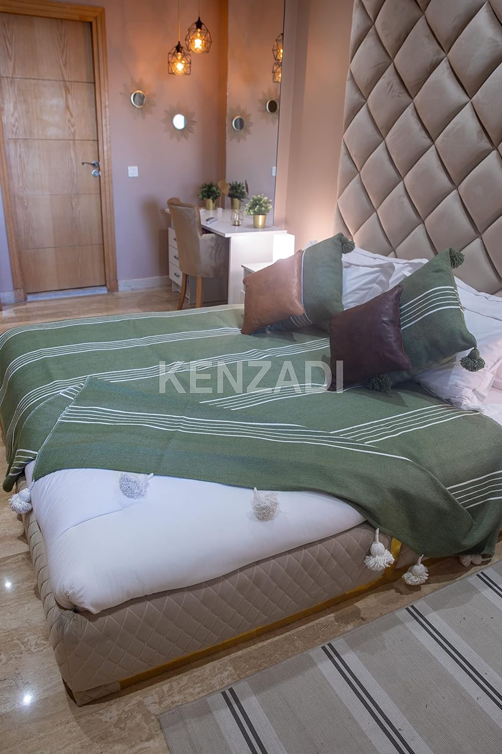 KENZADI Moroccan Handmade Pompom Blanket, Throw Blanket, Pom Pom Blanket, Boho Blanket, Bed Cover, Warm Blanket, Cozy Blanket (Striped Green with pom White, King (U.S. Standard)) - Handmade by My Poufs