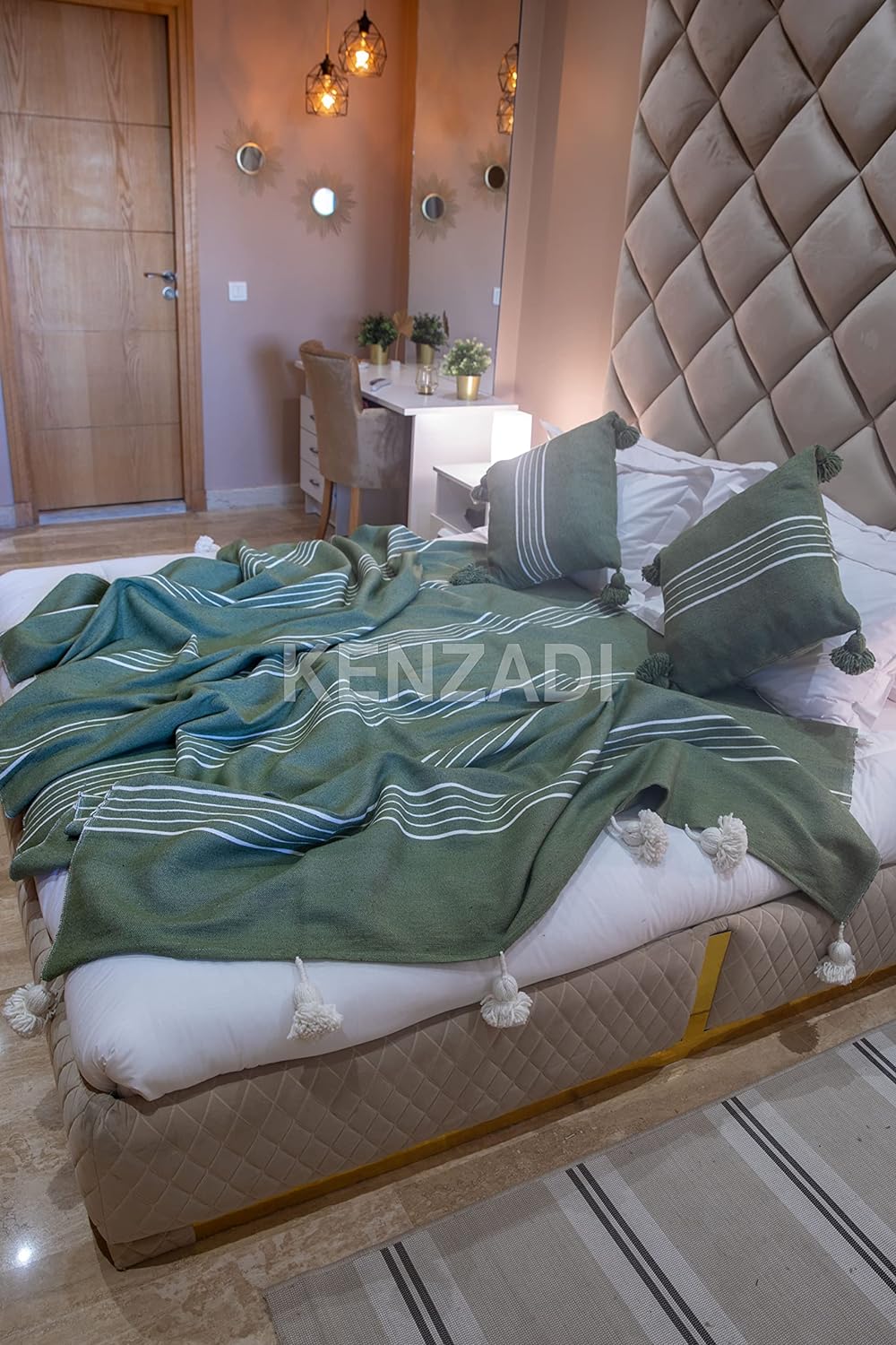 KENZADI Moroccan Handmade Pompom Blanket, Throw Blanket, Pom Pom Blanket, Boho Blanket, Bed Cover, Warm Blanket, Cozy Blanket (Striped Green with pom White, Queen (U.S. Standard)) - Handmade by My Poufs