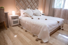 KENZADI Moroccan Handmade Pompom Blanket, Throw Blanket, Pom Pom Blanket, Boho Blanket, Bed Cover, Warm Blanket, Cozy Blanket (White with pom Brown, King (U.S. Standard)) - Handmade by My Poufs