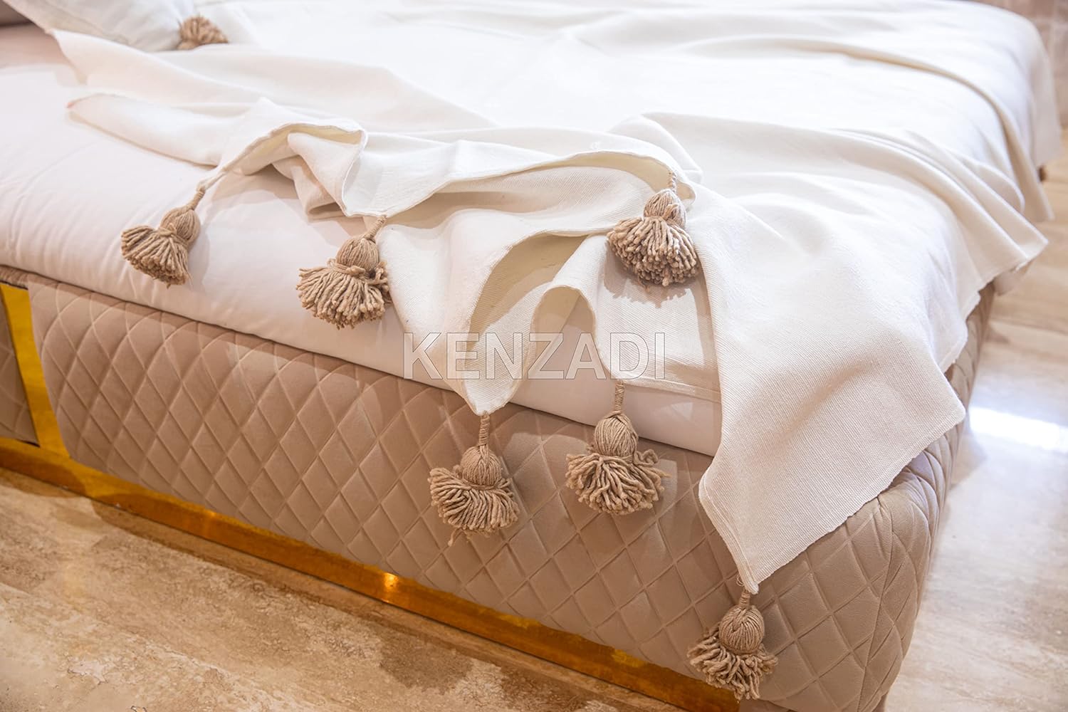 KENZADI Moroccan Handmade Pompom Blanket, Throw Blanket, Pom Pom Blanket, Boho Blanket, Bed Cover, Warm Blanket, Cozy Blanket (White with pom Brown, King (U.S. Standard)) - Handmade by My Poufs