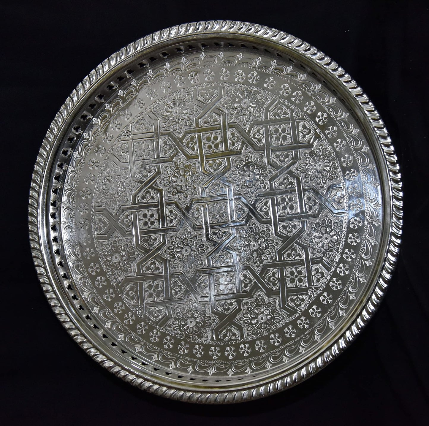 Moroccan 10.2 Inch Handmade Serving Brass Tea Tray Silver Plated Handcrafted Plate Fez Morocco - Handmade by My Poufs