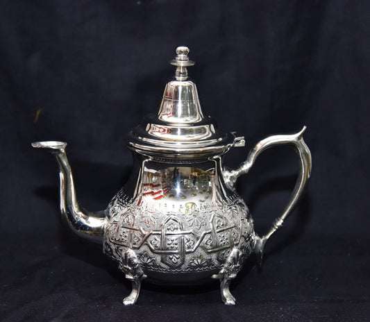Moroccan 4 Cups Tea Pot W/ 4 Welded Legs Handmade Serving 15OZ Small Brass Silver Plated Teapot Hand Carved in Fez Morocco - Handmade by My Poufs