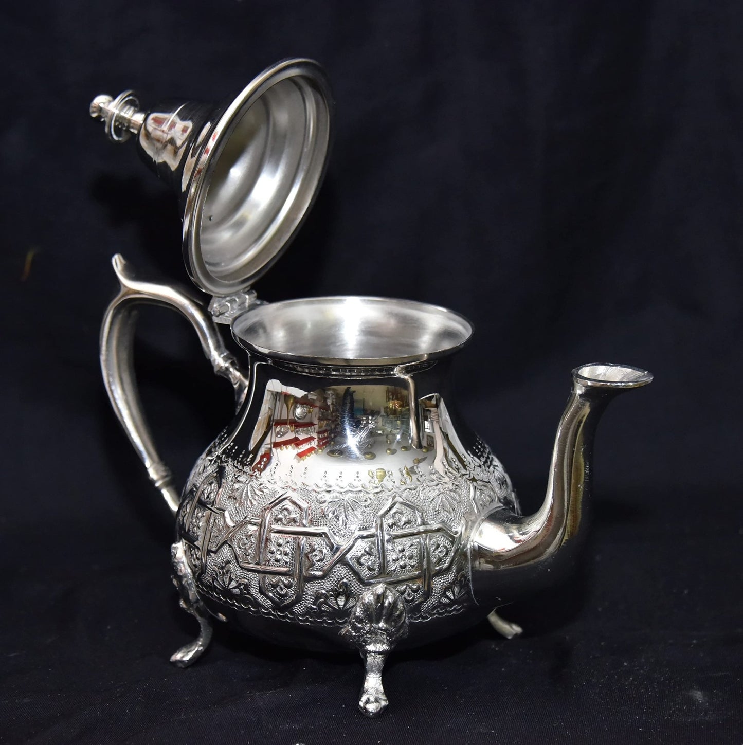 Moroccan 4 Cups Tea Pot W/ 4 Welded Legs Handmade Serving 15OZ Small Brass Silver Plated Teapot Hand Carved in Fez Morocco - Handmade by My Poufs