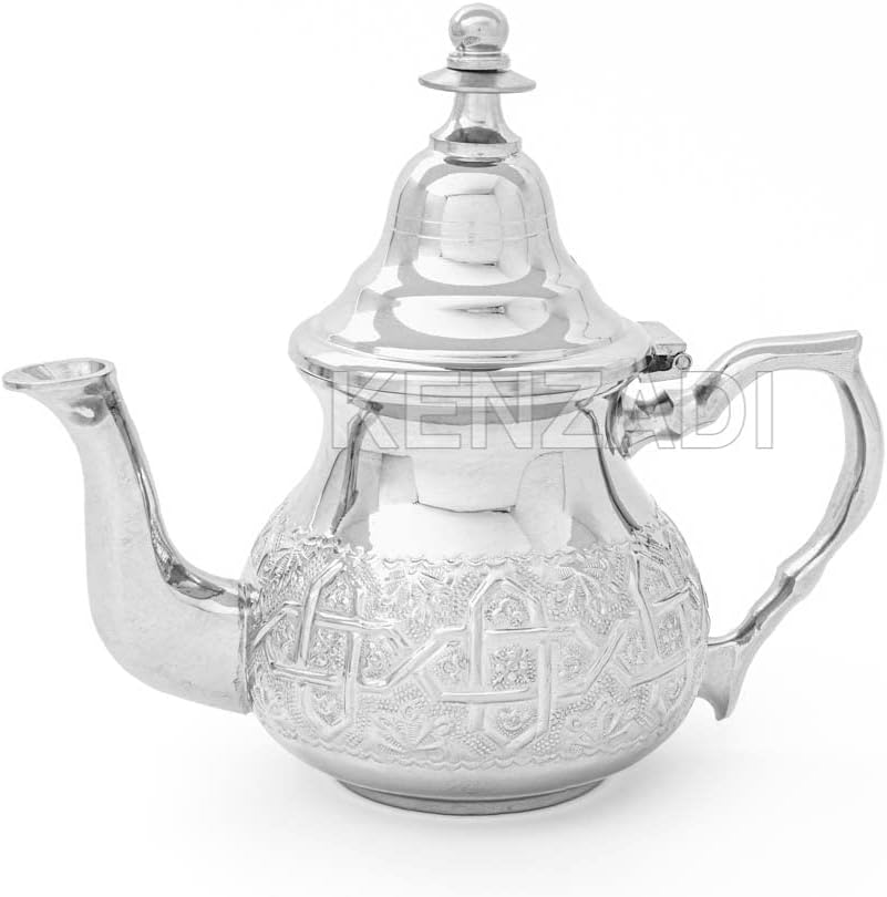 Moroccan 8Cups 20oz Teapot Handmade Brass Silver Plated Hand Carved In Fes Morocco - Handmade by My Poufs