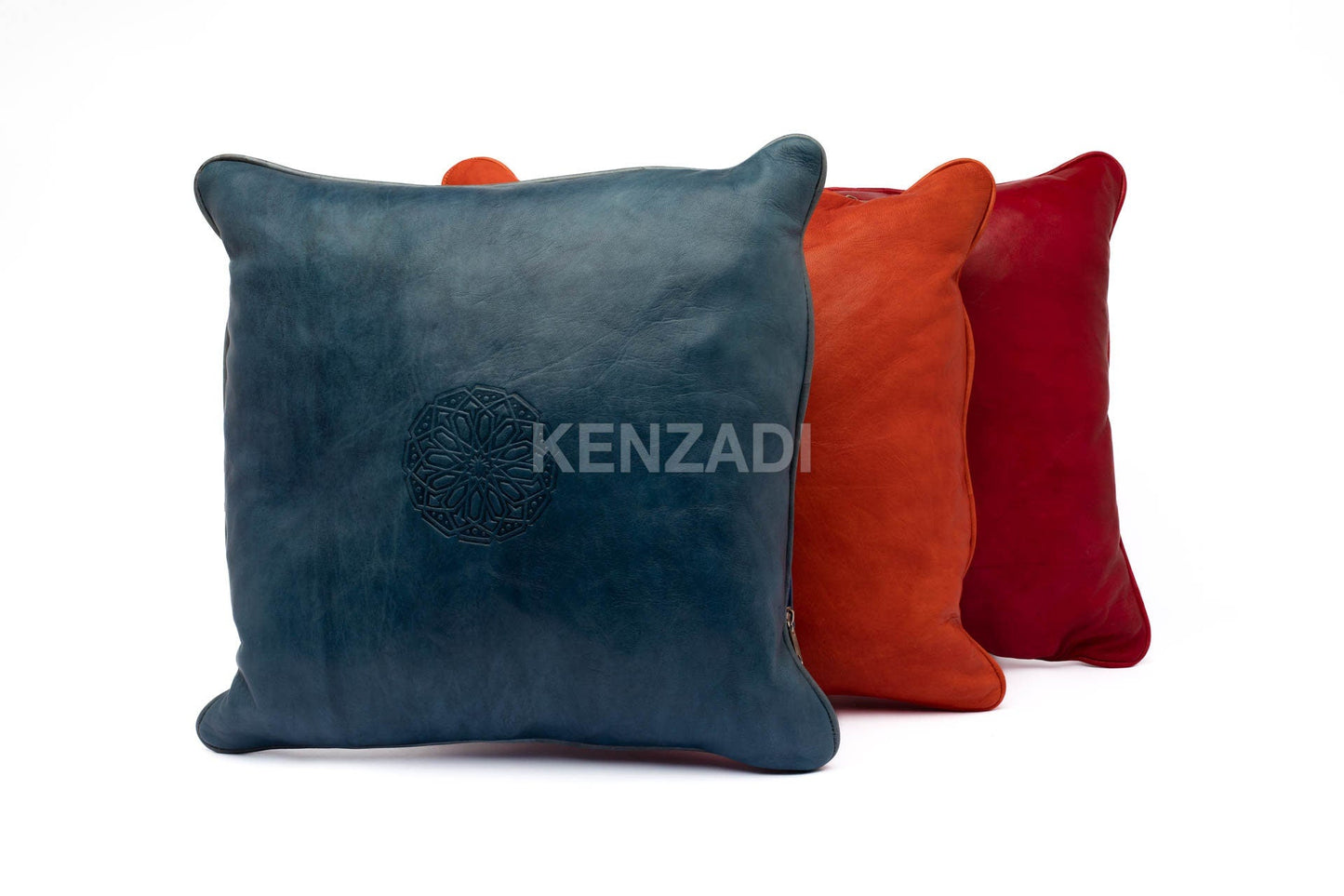 Handmade Moroccan orange leather pillowcase - a stylish and versatile decor piece for indoor and outdoor use.