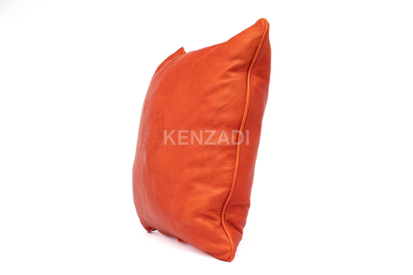 Handmade Moroccan orange leather pillowcase - a stylish and versatile decor piece for indoor and outdoor use.