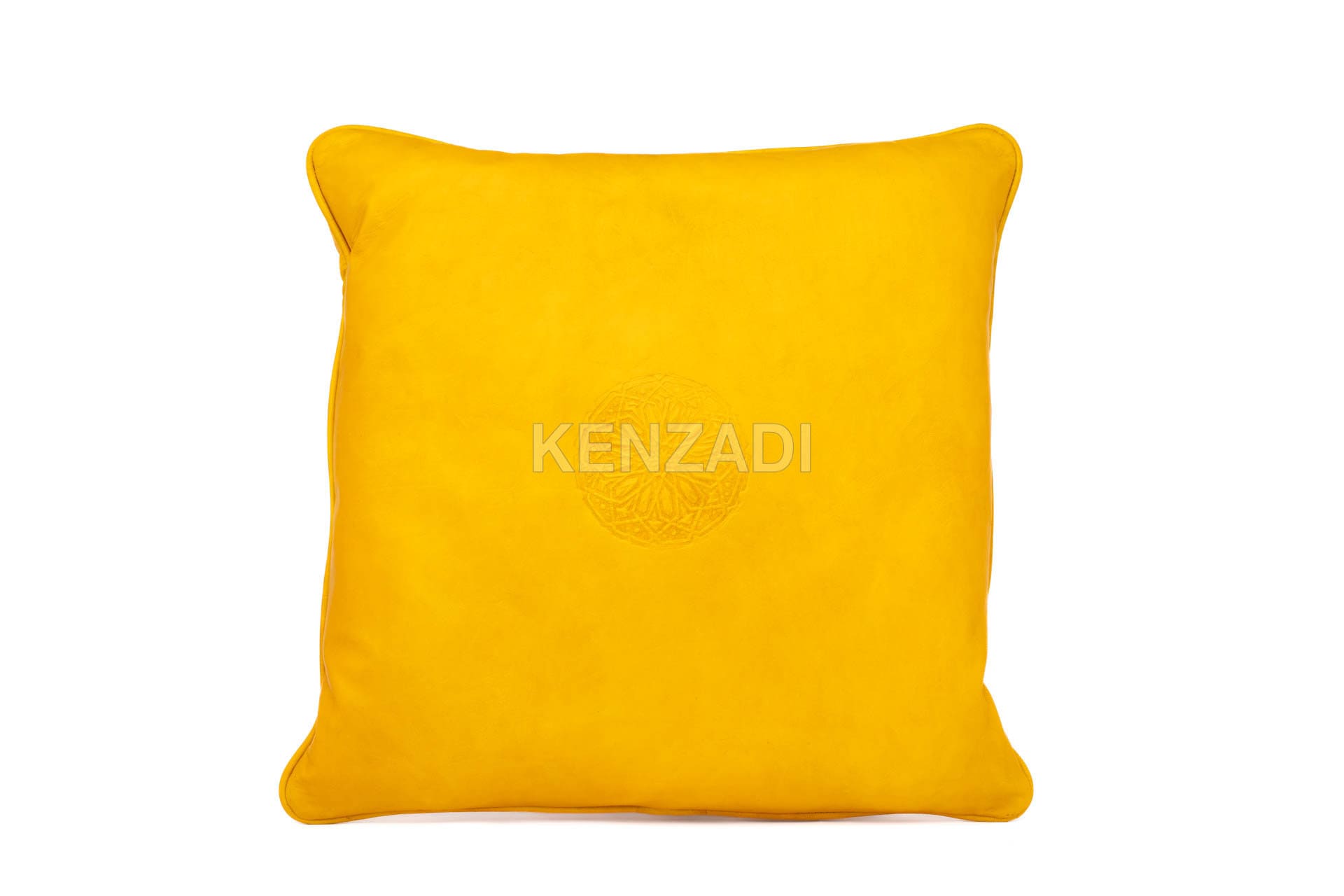 Handmade yellow leather pillowcase with Moroccan craftsmanship - stylish and versatile decor piece for indoor and outdoor use