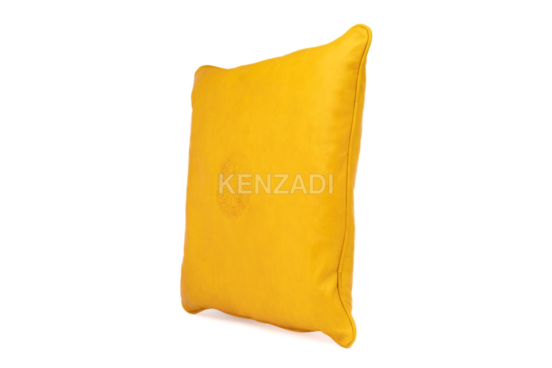 Handmade yellow leather pillowcase with Moroccan craftsmanship - stylish and versatile decor piece for indoor and outdoor use