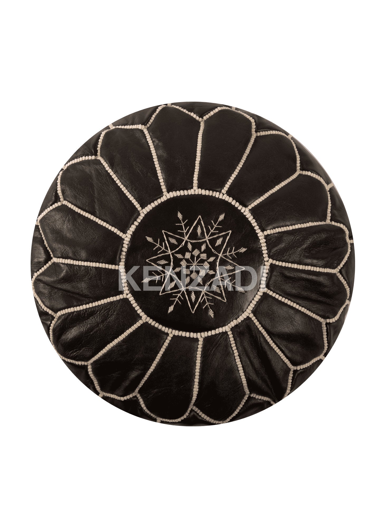 Authentic Moroccan leather pouf with black and beige embroidery. Hand-sewn, round pouf made from premium Berber leather. Perfect for adding a bohemian touch to your décor.
