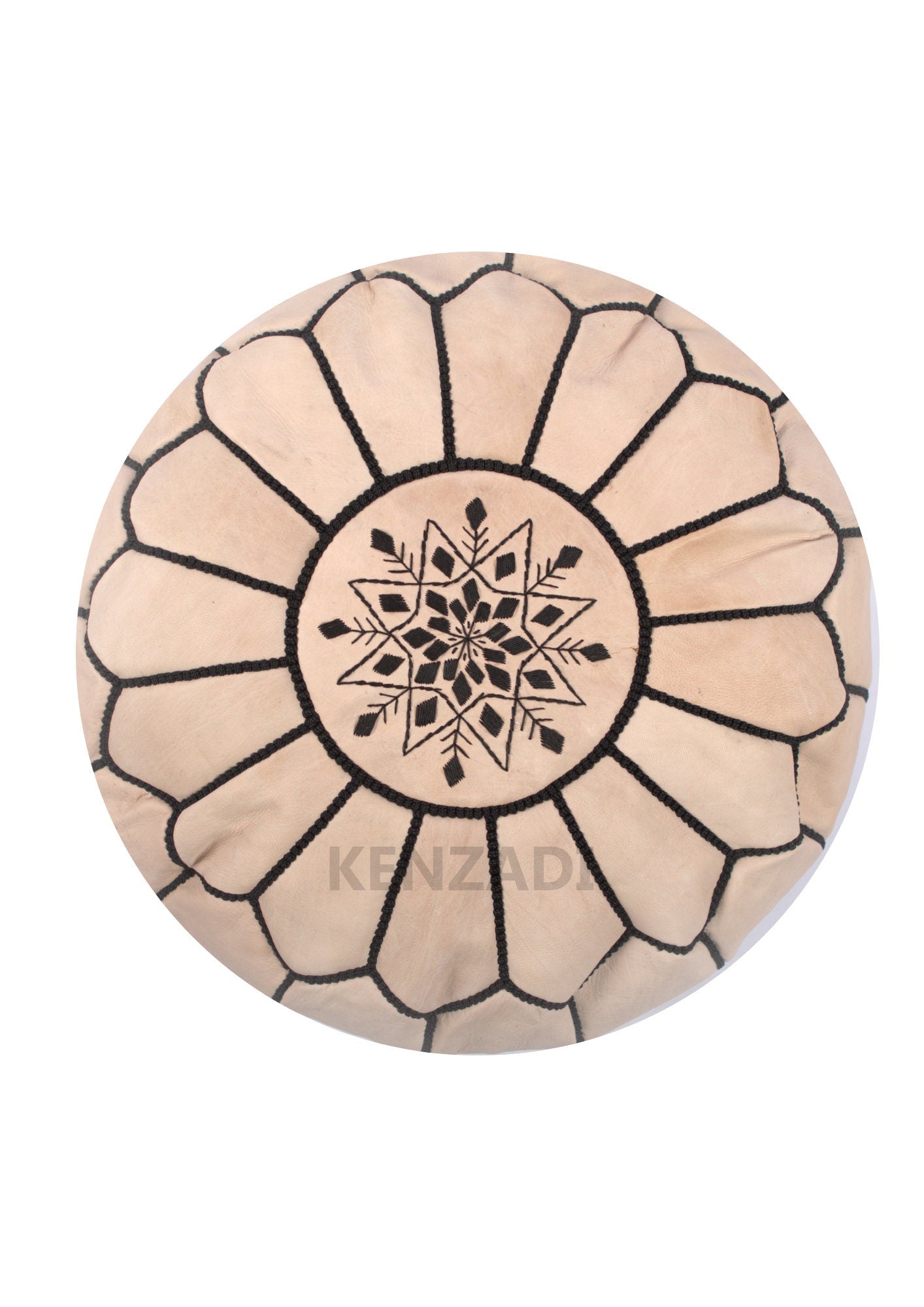 Handmade Moroccan pouf in sewn TAN leather with Beige and Black embroidery. Perfect for adding a bohemian touch to your decor.