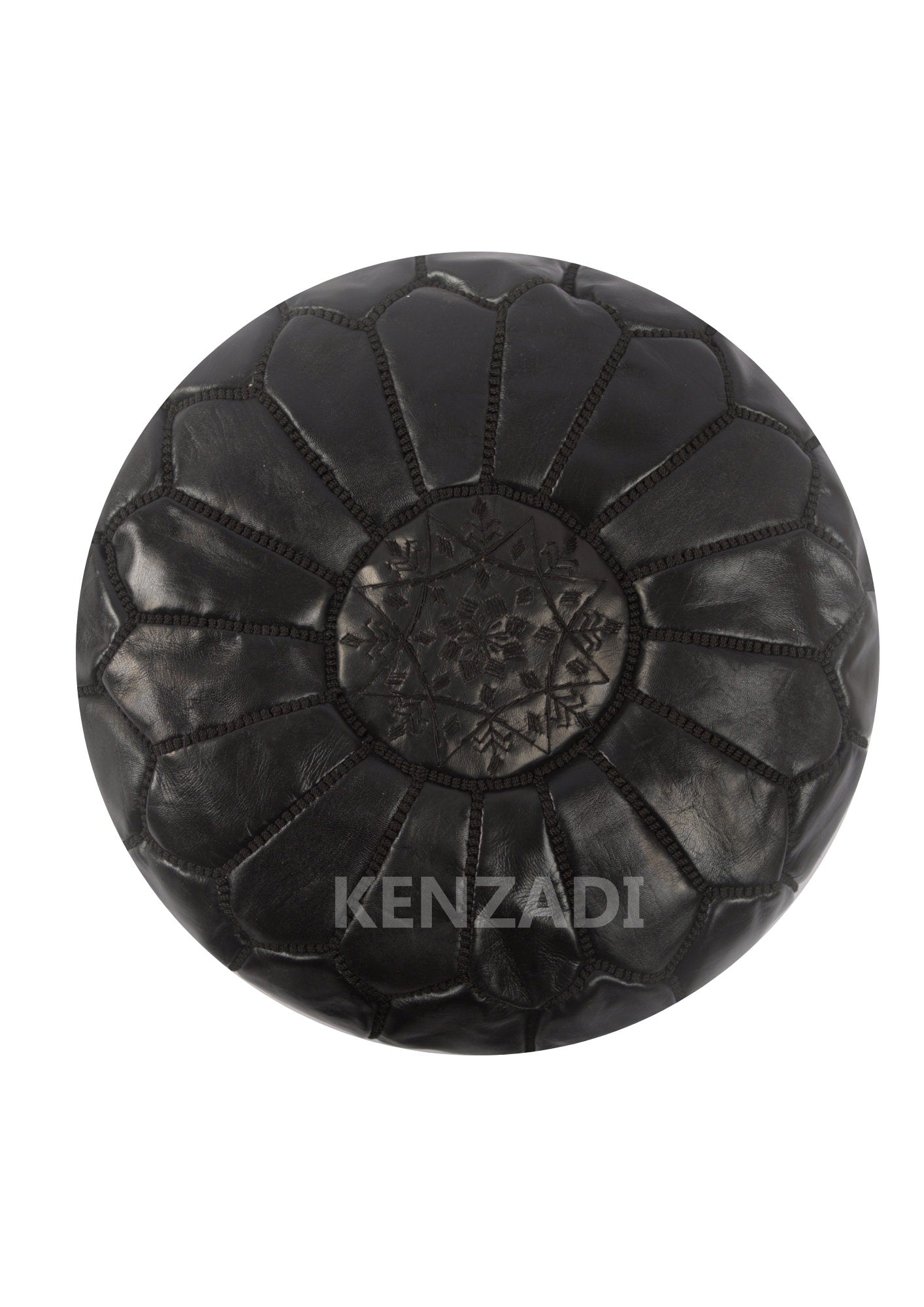 Authentic Moroccan leather pouf with black embroidery, handmade in goat leather. Black pouf with a bohemian touch, perfect for any room.