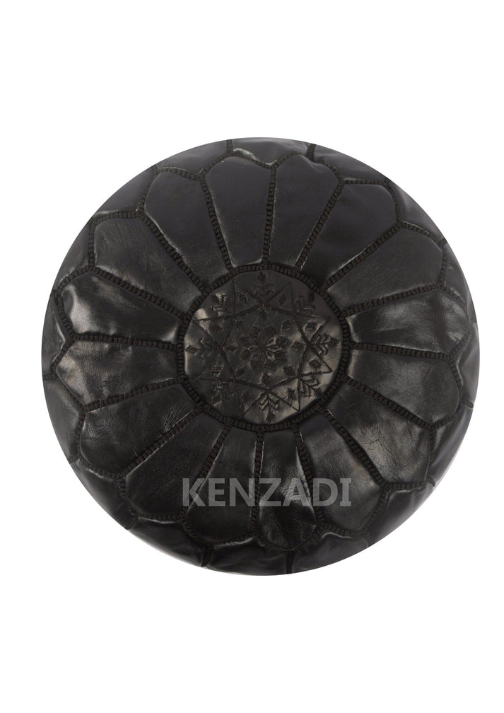 Moroccan leather Pouf, round Pouf, berber Pouf, Black Pouf with Black embroidery by MyPoufs.com