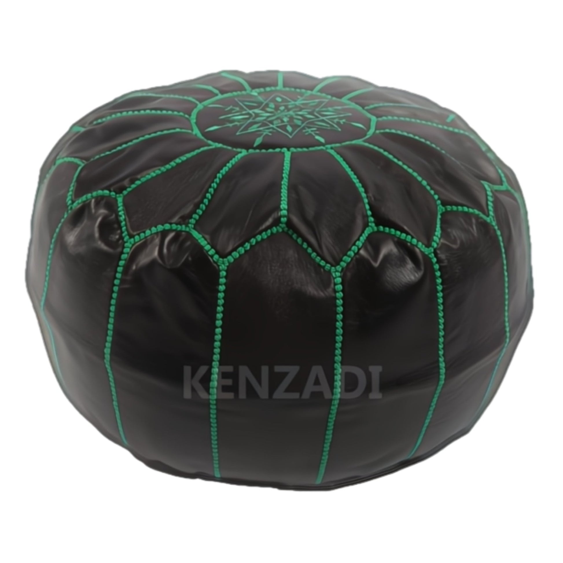 Moroccan leather pouf, round pouf, berber pouf, Black with Green embroidery by Kenzadi - Handmade by My Poufs