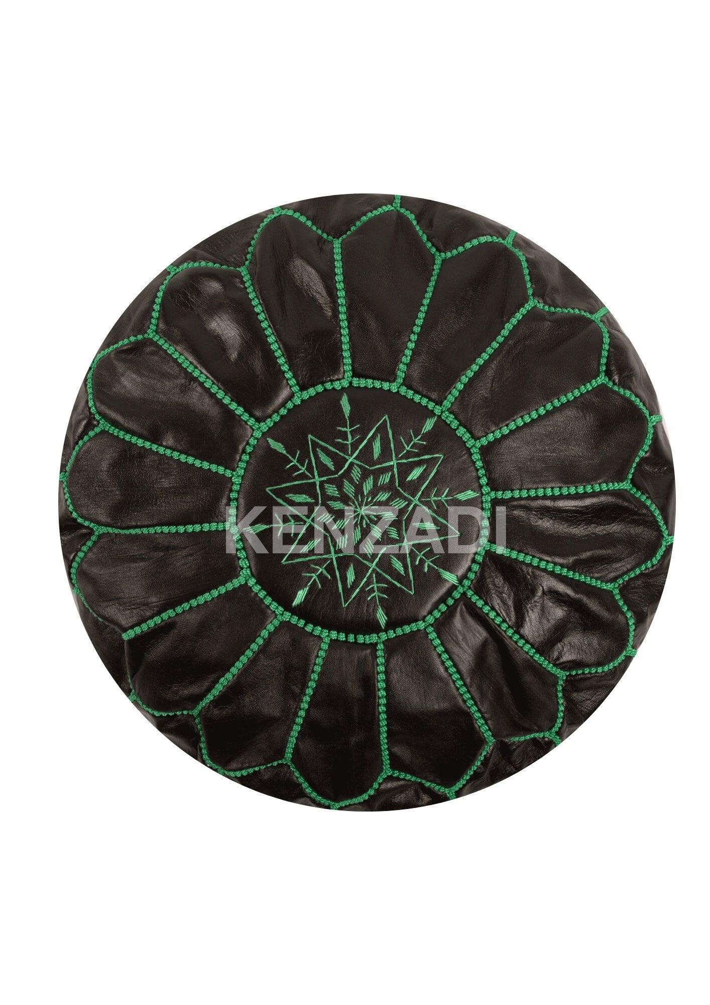 Handmade Moroccan leather pouf in sewn TAN leather with Black and Green embroidery. Perfect for adding a bohemian touch to your decor.