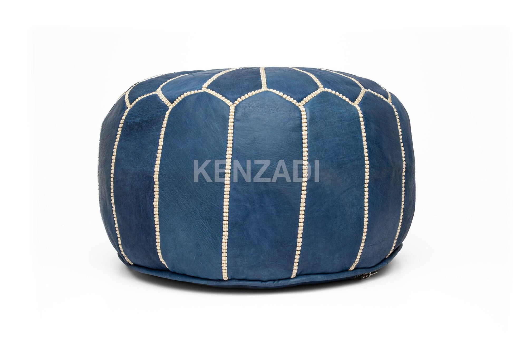 Authentic round Moroccan leather pouf in sewn TAN leather with blue and beige embroidery by Kenzadi