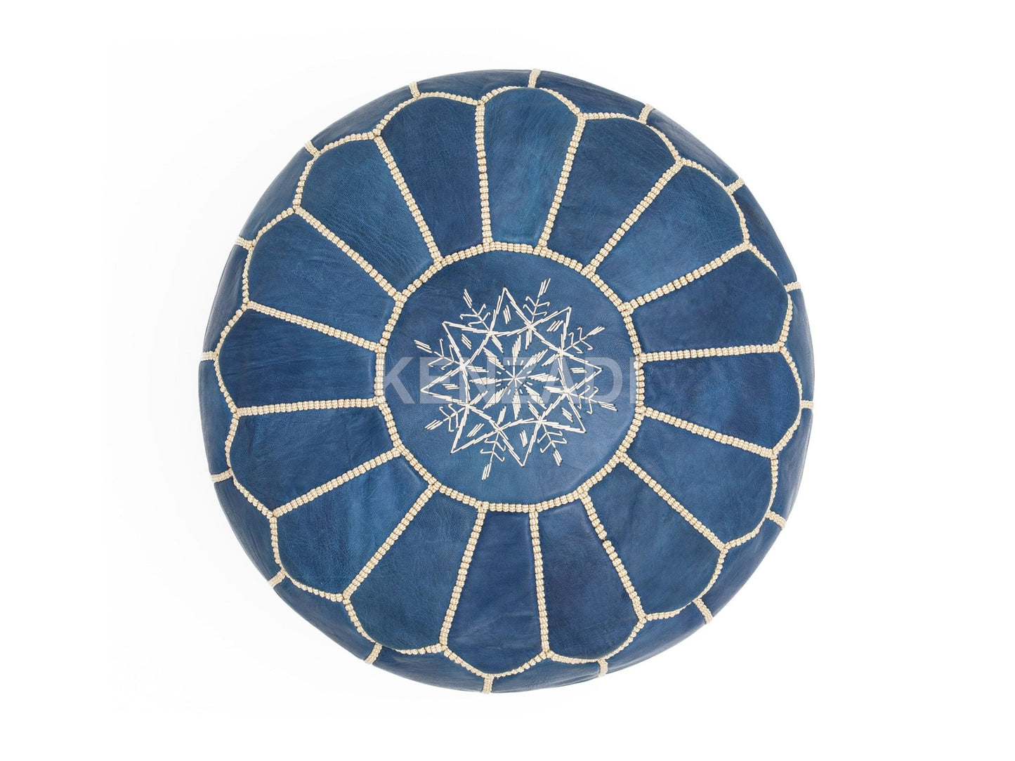 Authentic round Moroccan leather pouf in sewn TAN leather with blue and beige embroidery by Kenzadi