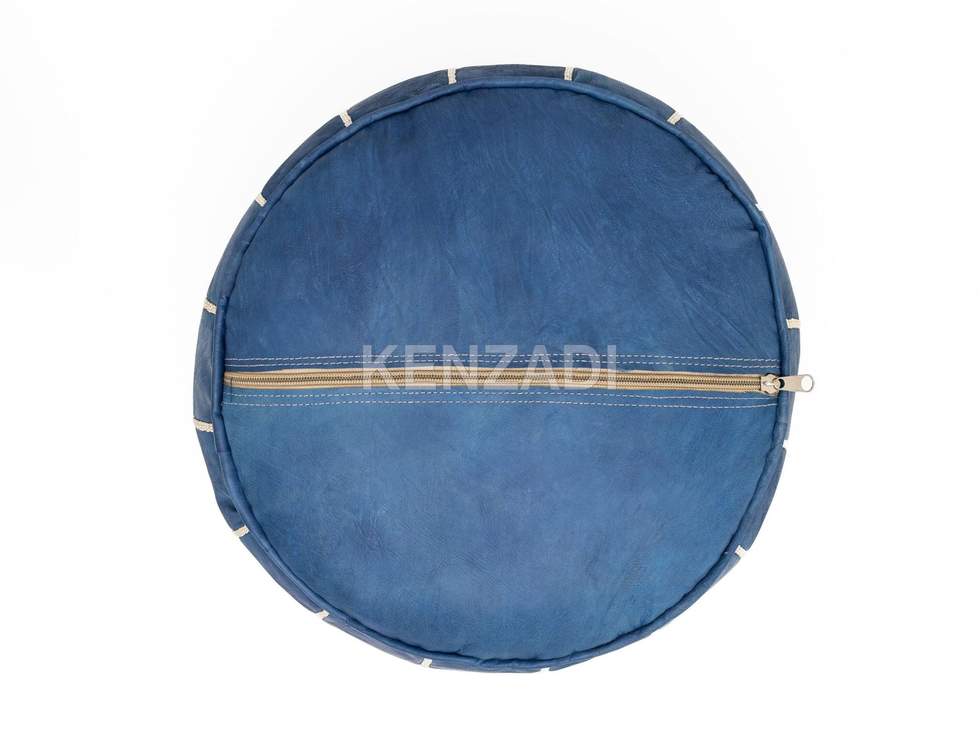 Authentic Moroccan pouf in sewn TAN leather with blue and beige embroidery by Kenzadi
