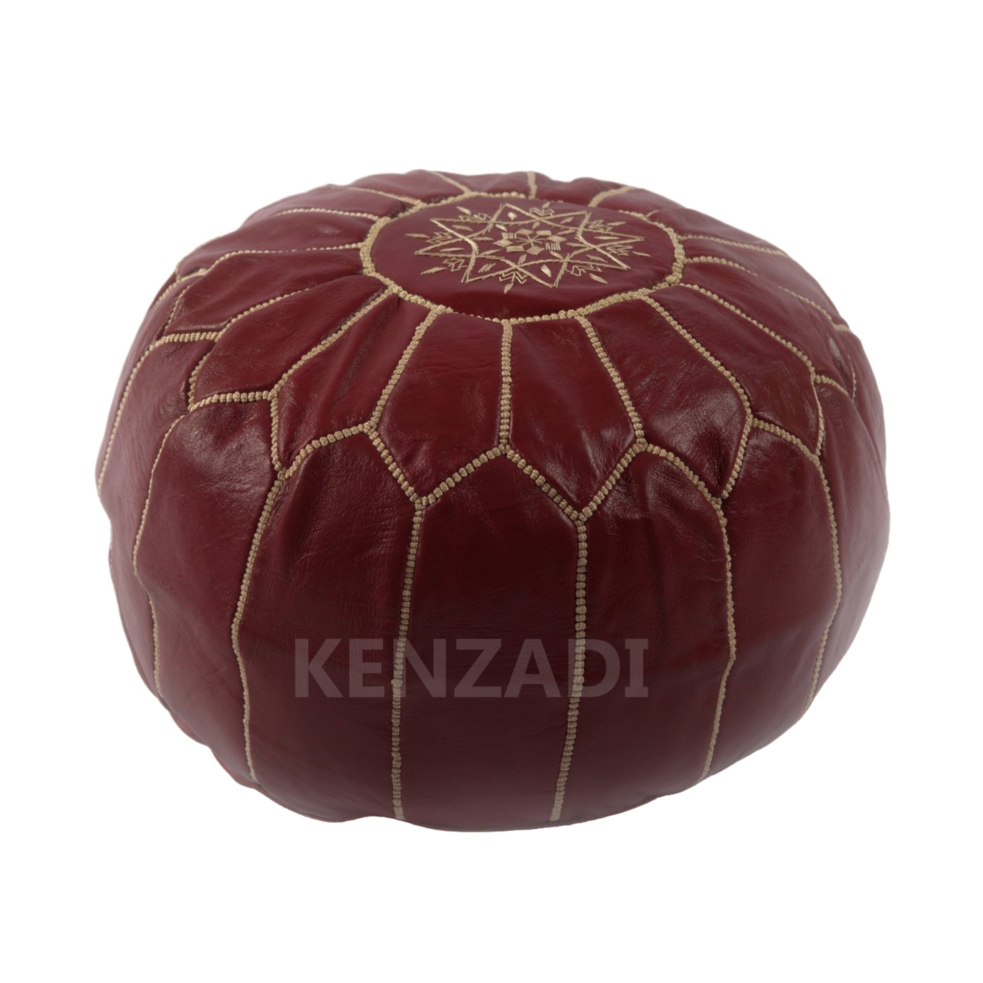 Moroccan leather pouf, round pouf, berber pouf, Bown pouf with Beige embroidery by Kenzadi - Handmade by My Poufs