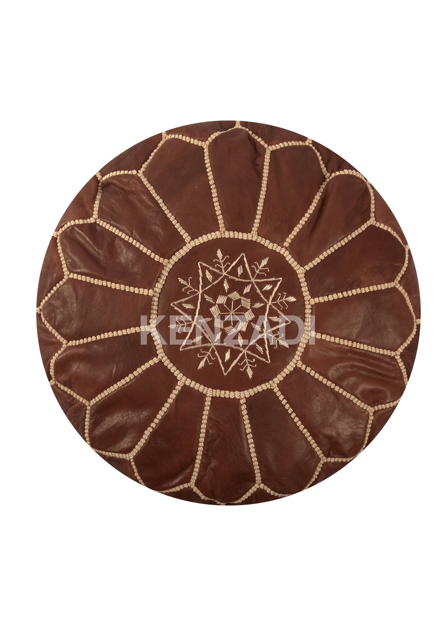 Authentic round Moroccan leather pouf with tan leather and beige embroidery - perfect for adding a bohemian touch to your home décor.
