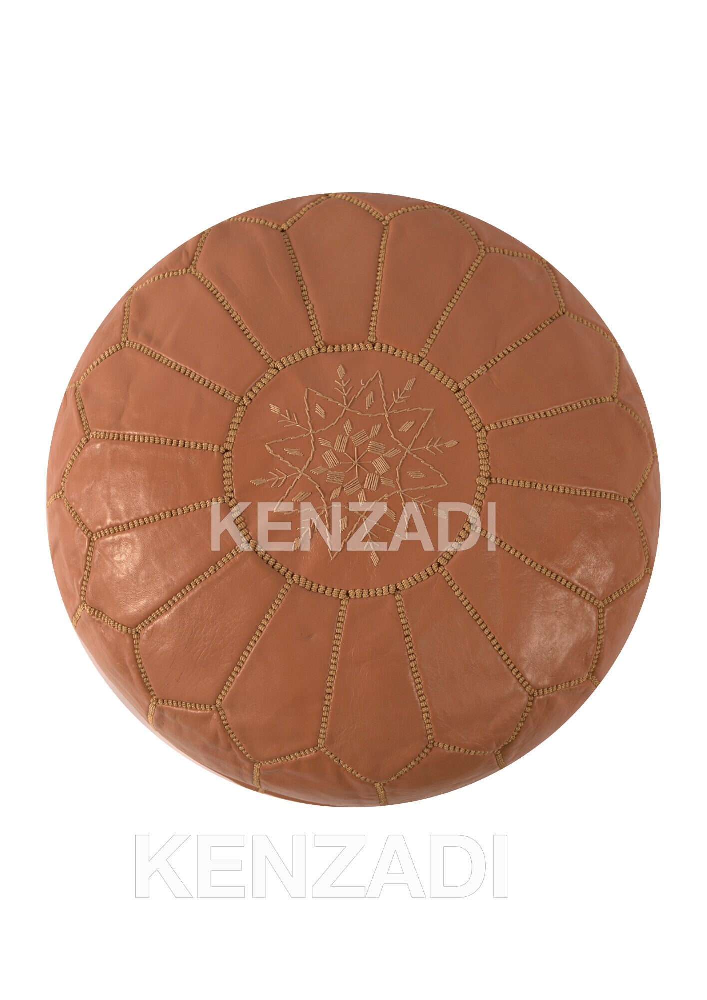 Authentic round Moroccan leather pouf with beige embroidery, handmade from premium Berber leather.