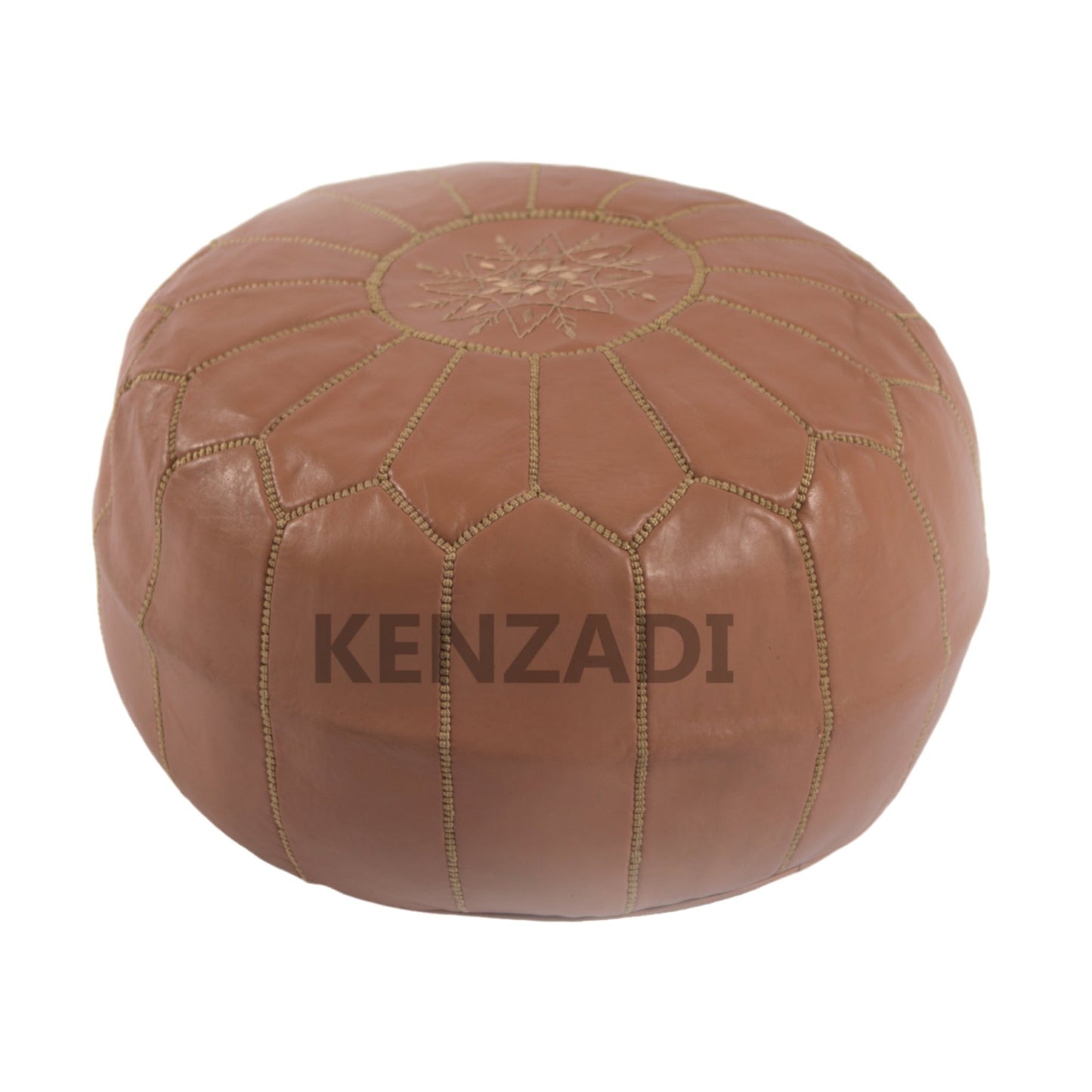 Moroccan leather pouf, round pouf, berber pouf, bright brown pouf with beige embroidery by Kenzadi - Handmade by My Poufs