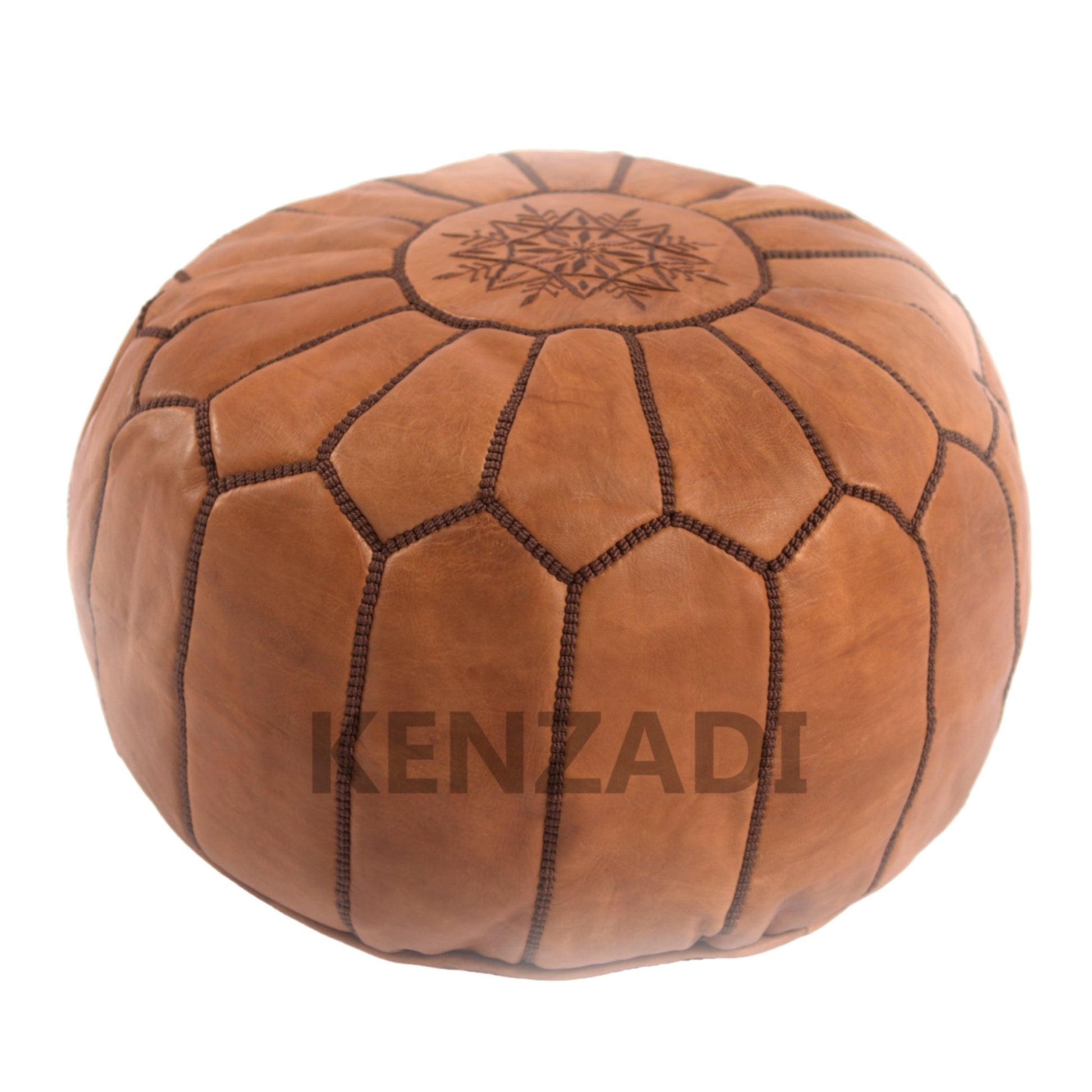 Moroccan leather pouf, round pouf, berber pouf, brown pouf with brown embroidery by Kenzadi - Handmade by My Poufs