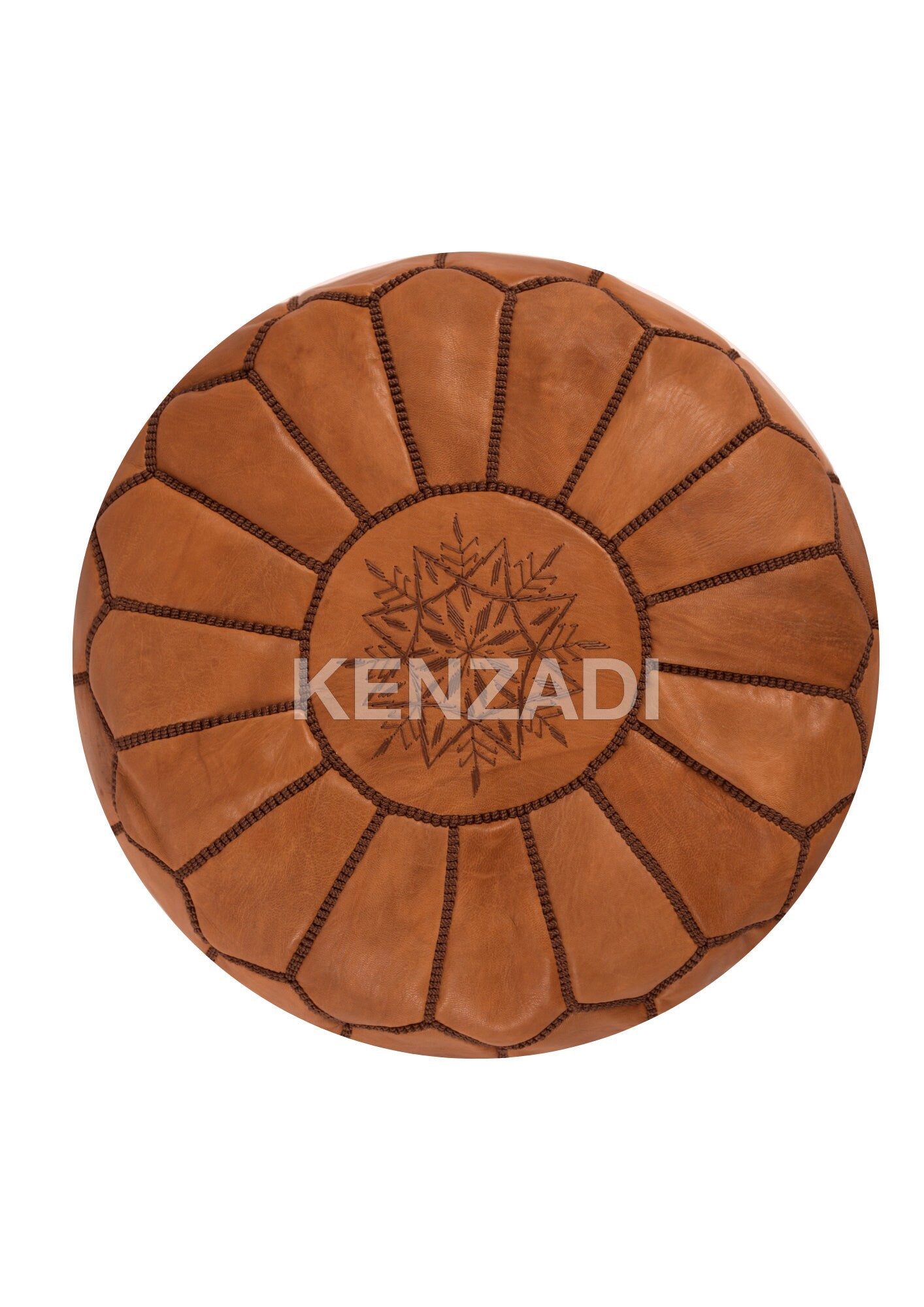 Moroccan leather pouf, round pouf, berber pouf, brown pouf with brown embroidery by Kenzadi - Handmade by My Poufs