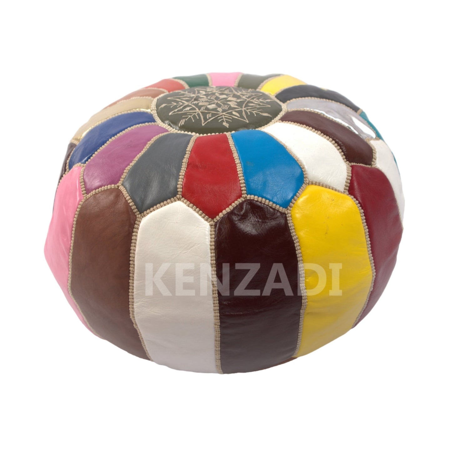 Moroccan leather Pouf, round Pouf, berber Pouf, Colorful Pouf with Beige embroidery by Kenzadi - Handmade by My Poufs
