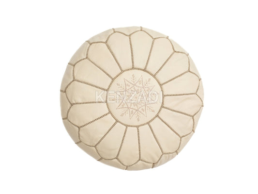 Authentic Moroccan leather pouf with beige embroidery, perfect for adding a bohemian touch to your home décor