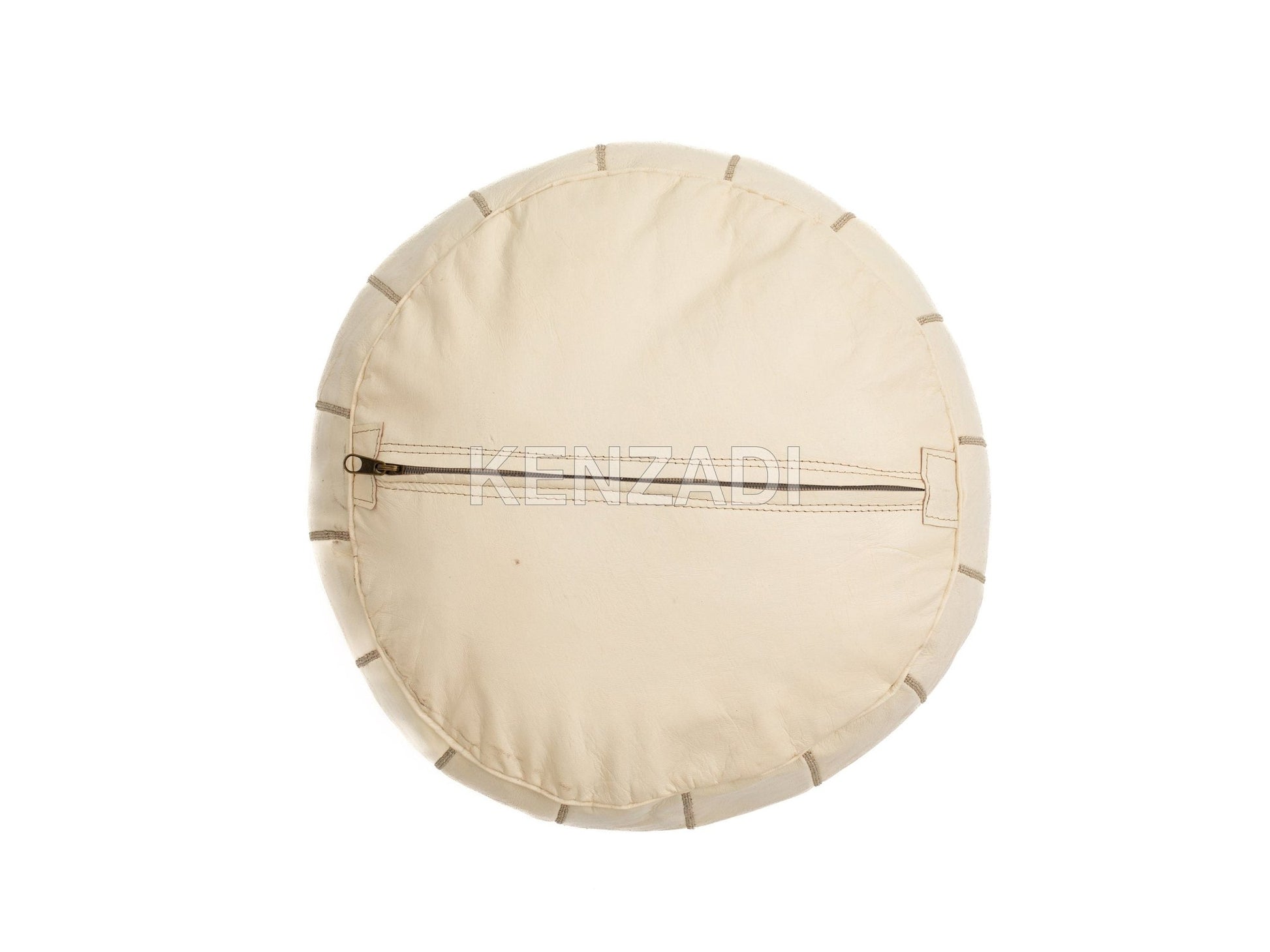 Authentic Moroccan leather pouf with beige embroidery, perfect for adding a bohemian touch to your home décor