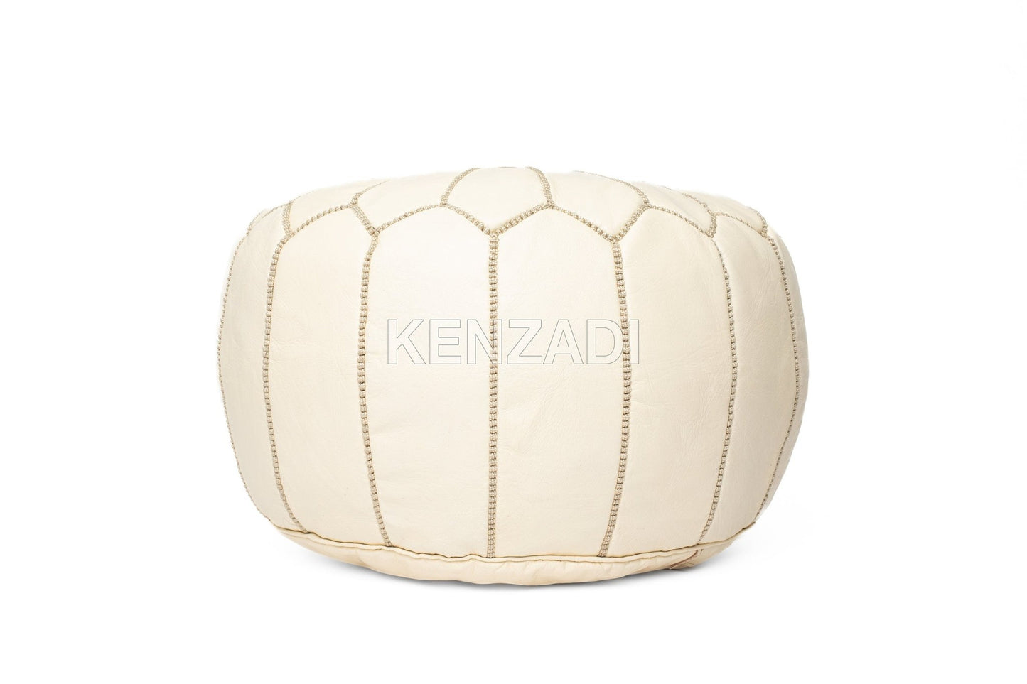 Authentic Moroccan leather pouf with beige embroidery, perfect for adding a bohemian touch to your home décor