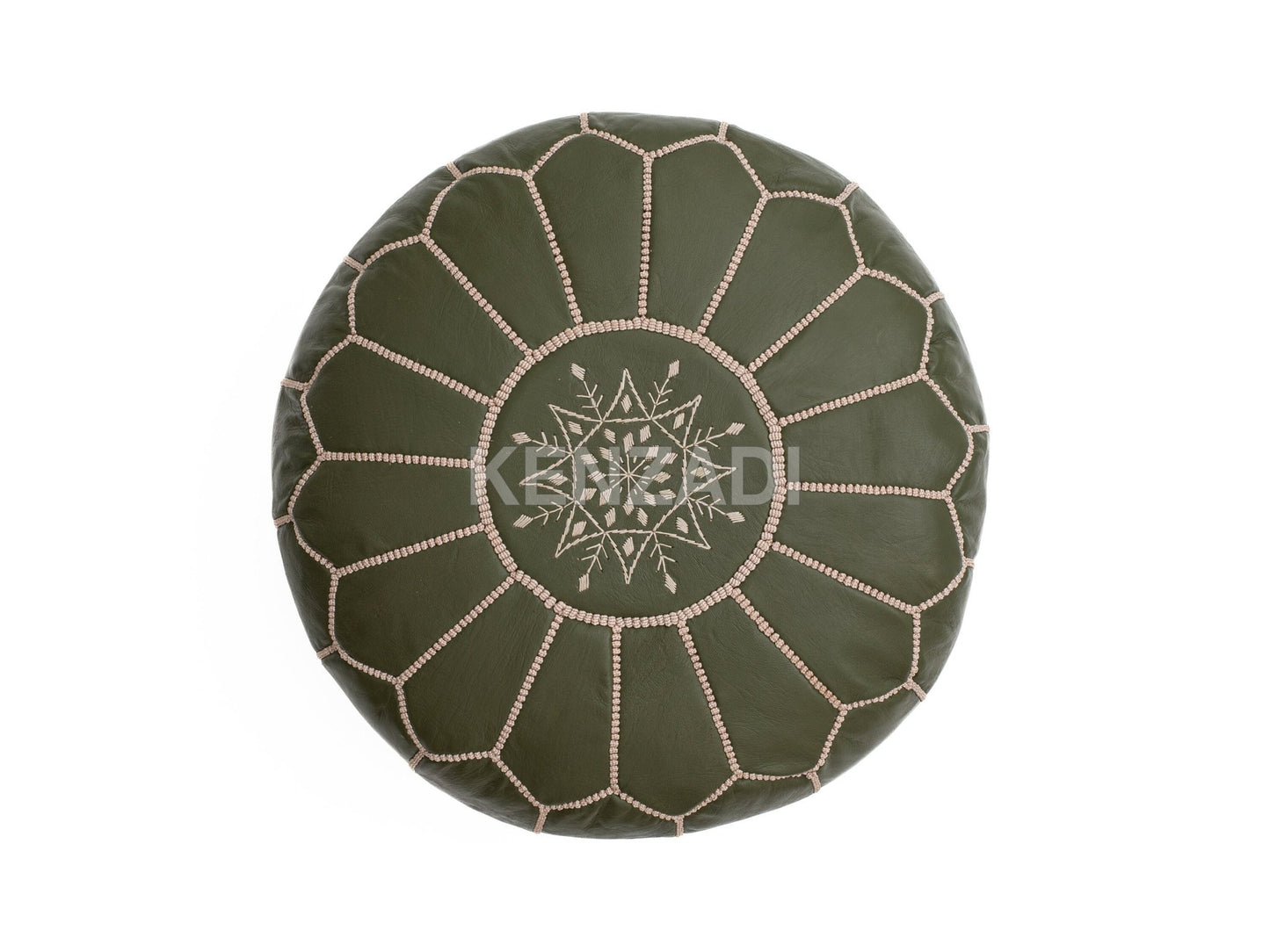 Authentic Moroccan round leather pouf in sewn TAN leather with crocodile green embroidery and beige accents. Handmade and versatile, perfect for any room in your home