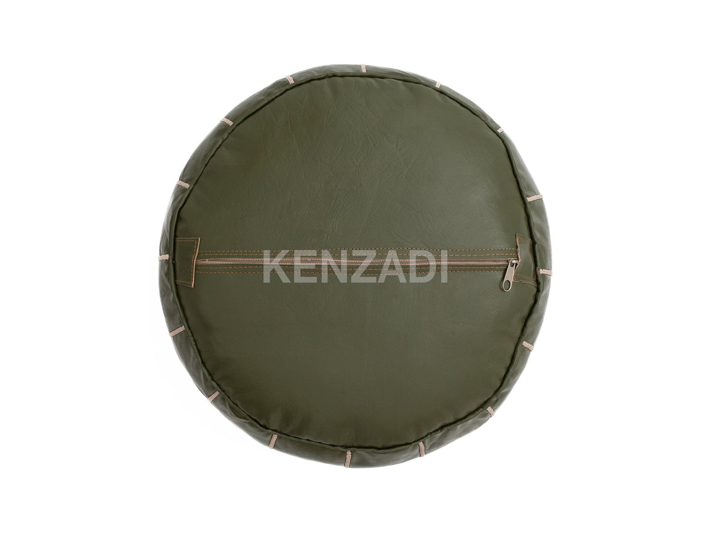 Authentic Moroccan round leather pouf in sewn TAN leather with crocodile green embroidery and beige accents. Handmade and versatile, perfect for any room in your home
