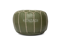 Authentic Moroccan round leather pouf in sewn TAN leather with crocodile green embroidery and beige accents. Handmade and versatile, perfect for any room in your home