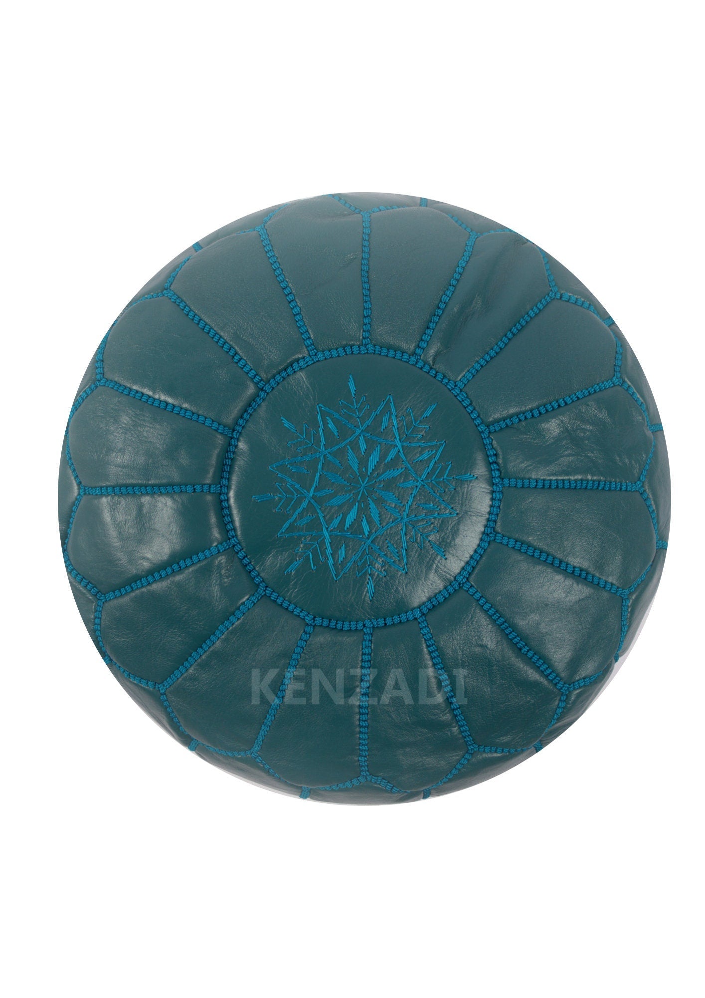 Authentic Moroccan leather pouf in TAN leather with Dark Blue and Blue embroidery - perfect for adding a bohemian touch to your home décor